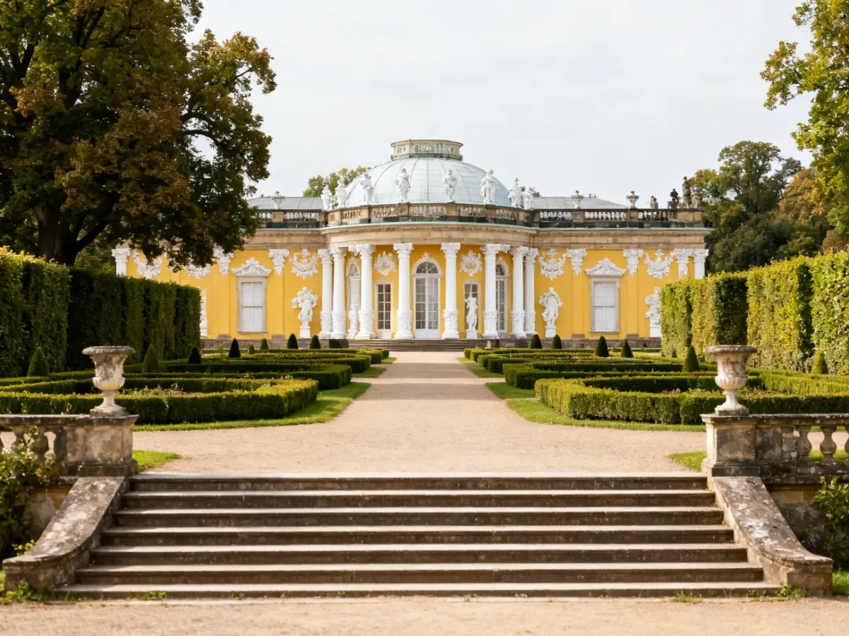 Pałac Sanssouci otoczony ogrodami i zielenią