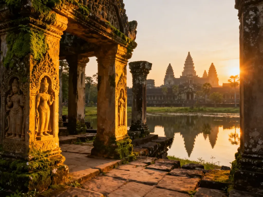 Wschód słońca nad świątynią Angkor Wat, ukazujący majestatyczne wieże odbijające się w spokojnej tafli wody.