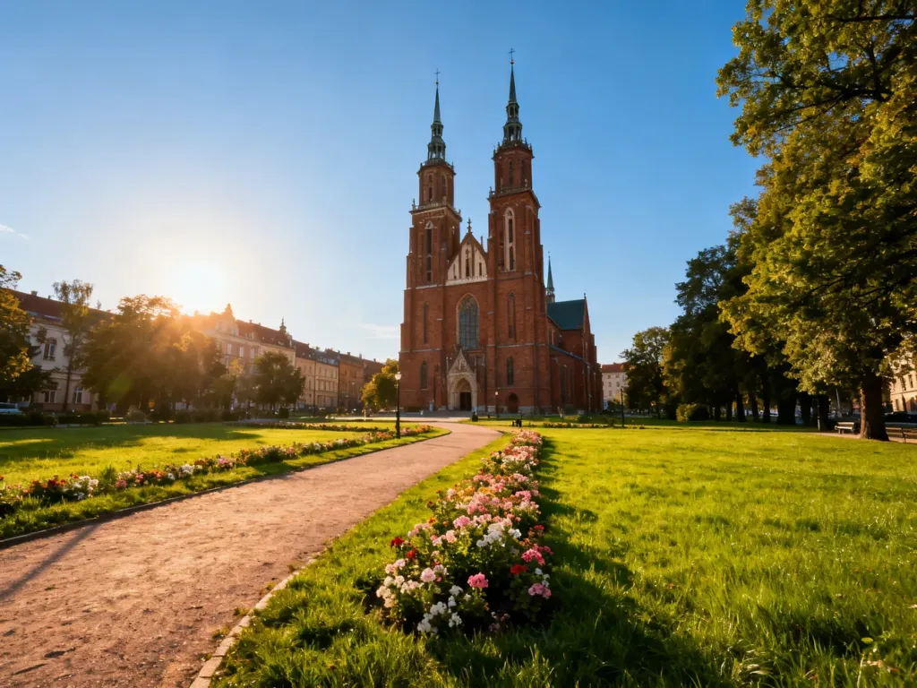 Gotycka katedra w Koszalinie otoczona zielenią parku w promieniach popołudniowego słońca.
