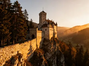 Panoramiczny widok na zabytkowe Citta Alta w Bergamo o zachodzie słońca, ukazujący dachy miasta i historyczne wieże.