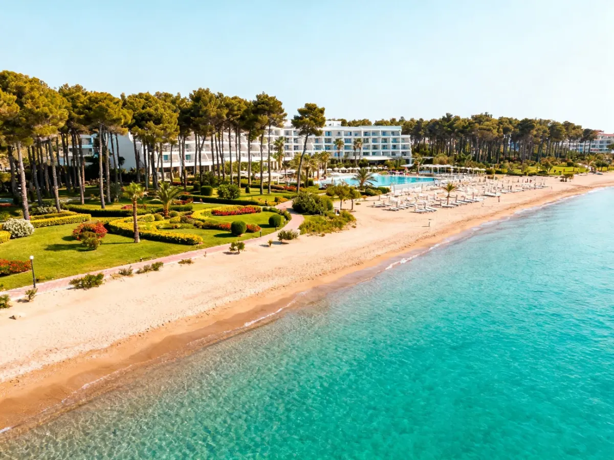 Panoramic view of Belek with resort hotels, pine trees and a Mediterranean beach