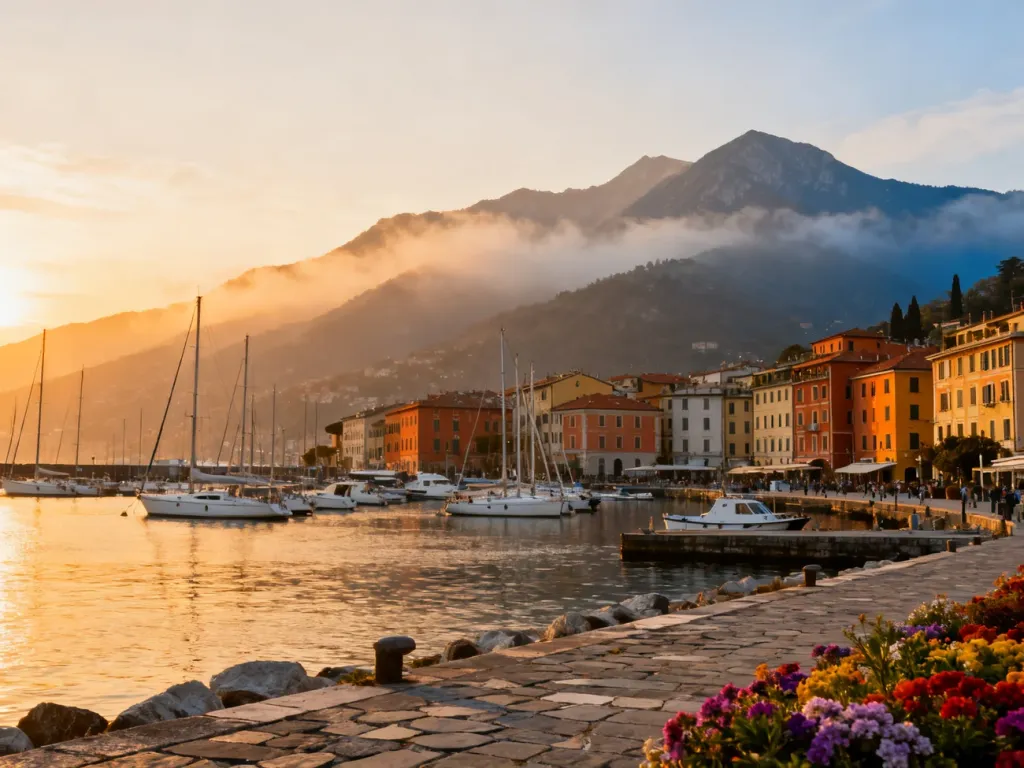Panoramiczny widok na port w La Spezia o zachodzie słońca, z kolorowymi budynkami i jachtami na tle gór.