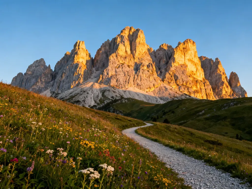 Panoramiczny widok na oświetlone wschodzącym słońcem szczyty Dolomitów oraz kwitnącą alpejską łąkę ze szlakiem turystycznym.