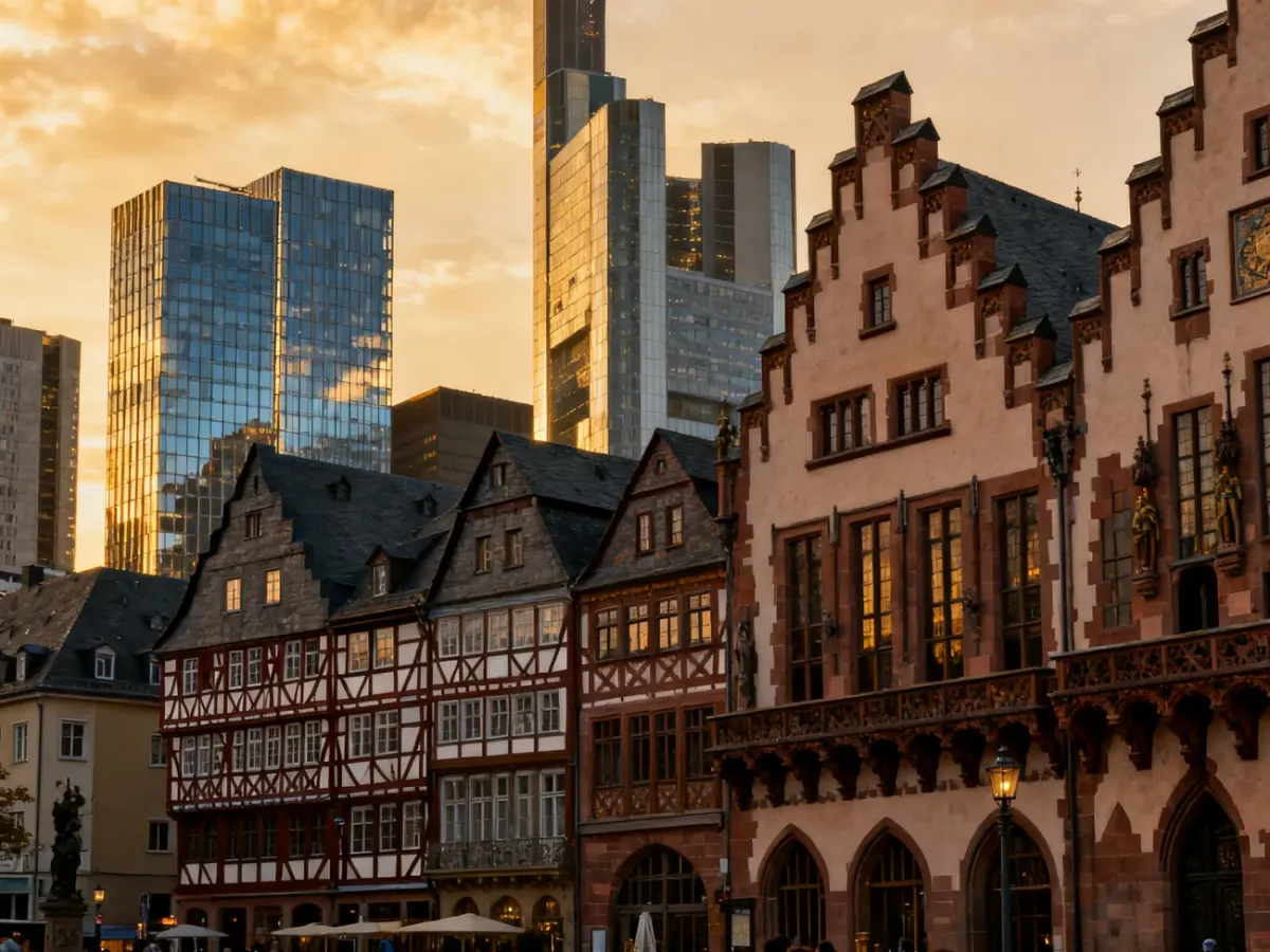 Römerberg with historic buildings and Frankfurt’s modern skyline