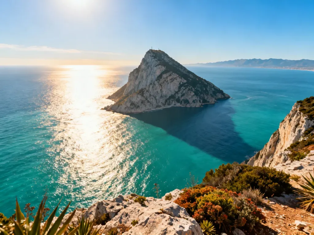 Panoramiczny widok na majestatyczną Skałę Gibraltarską wznoszącą się nad turkusowym morzem, z widocznym w oddali wybrzeżem Afryki.