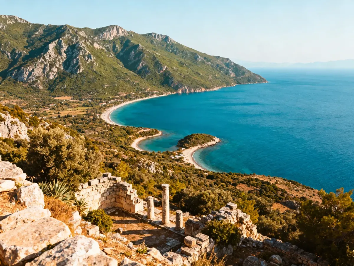 Panoramic widok Peloponezu z górami, wybrzeżem i starożytnymi ruinami