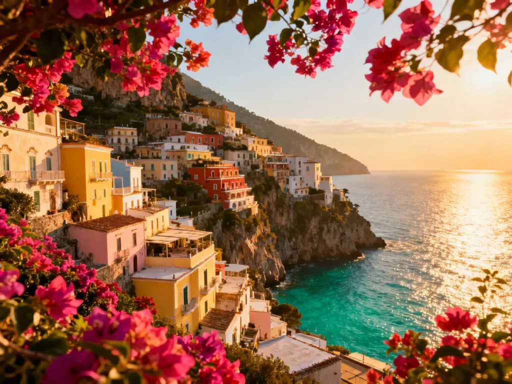 Panoramiczny widok na kolorowe domy Positano na klifie oraz turkusowe morze, ozdobiony kwiatami bugenwilli w świetle zachodu słońca.