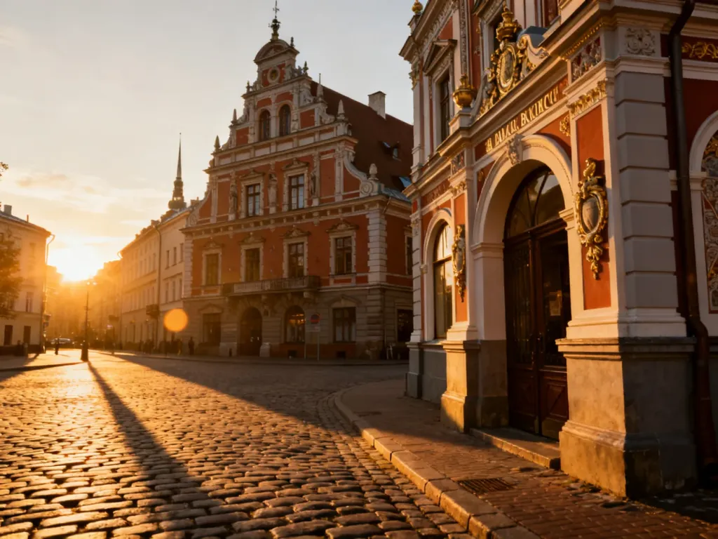 Złota godzina nad Domem Bractwa Czarnogłowych w Rydze, ukazująca bogate detale architektoniczne zabytkowej kamienicy.