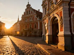 Sylwetka katedry św. Piotra i Pawła w Brnie na tle zachodzącego słońca, górująca nad historycznym centrum miasta.