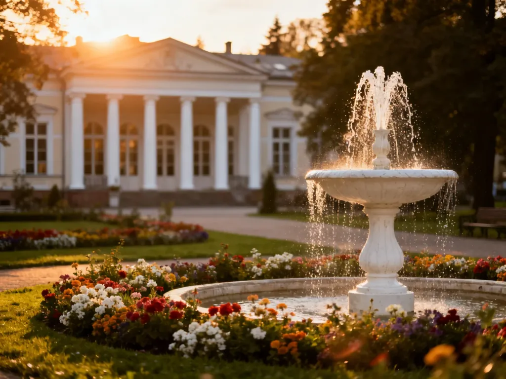 Zabytkowy park zdrojowy w Busku-Zdroju z fontanną i sanatorium w blasku zachodzącego słońca.