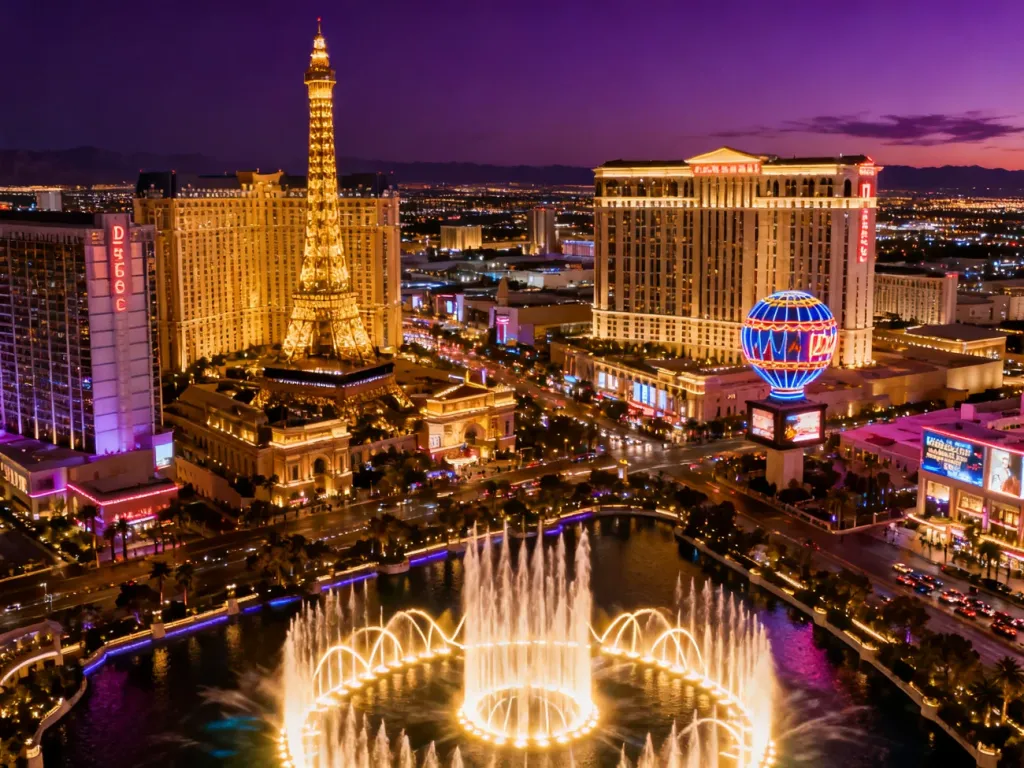Nocna panorama Las Vegas Strip z oświetlonymi hotelami i fontanną, ukazująca tętniące życiem serce miasta.