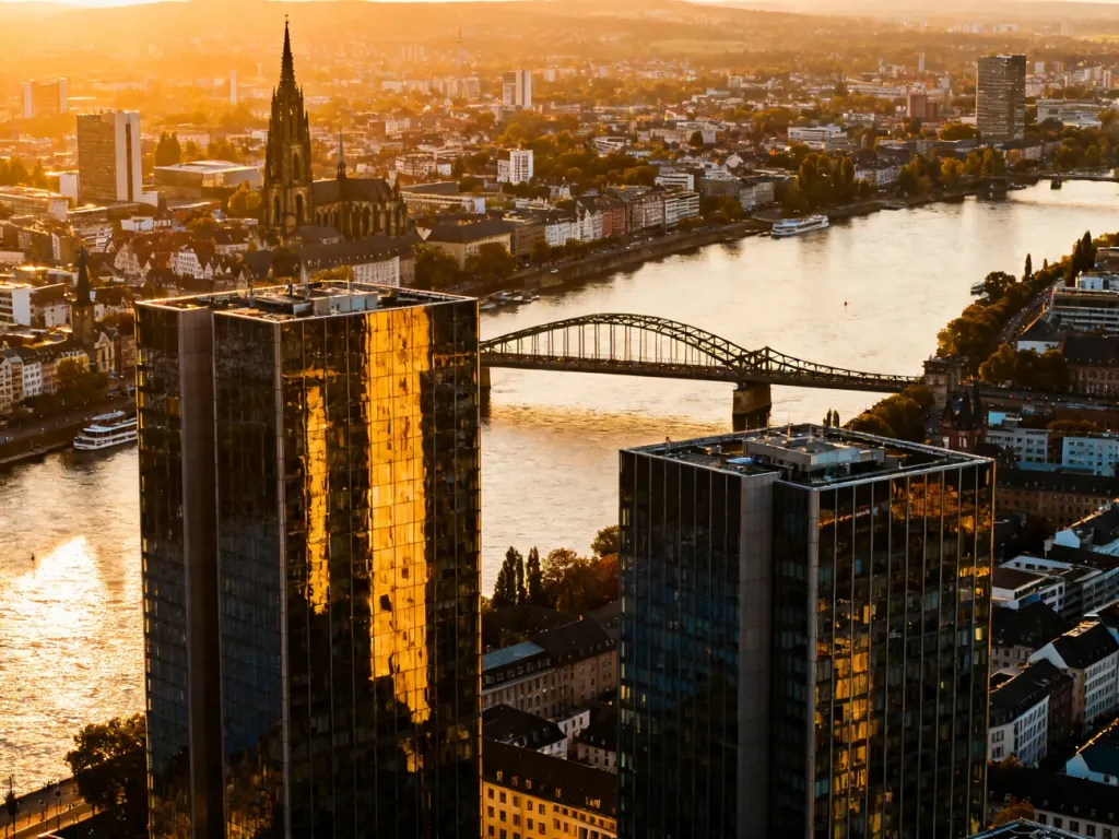 Panoramiczny widok na panoramę Frankfurtu z nowoczesnymi wieżowcami i mostem Eiserner Steg w blasku zachodzącego słońca.
