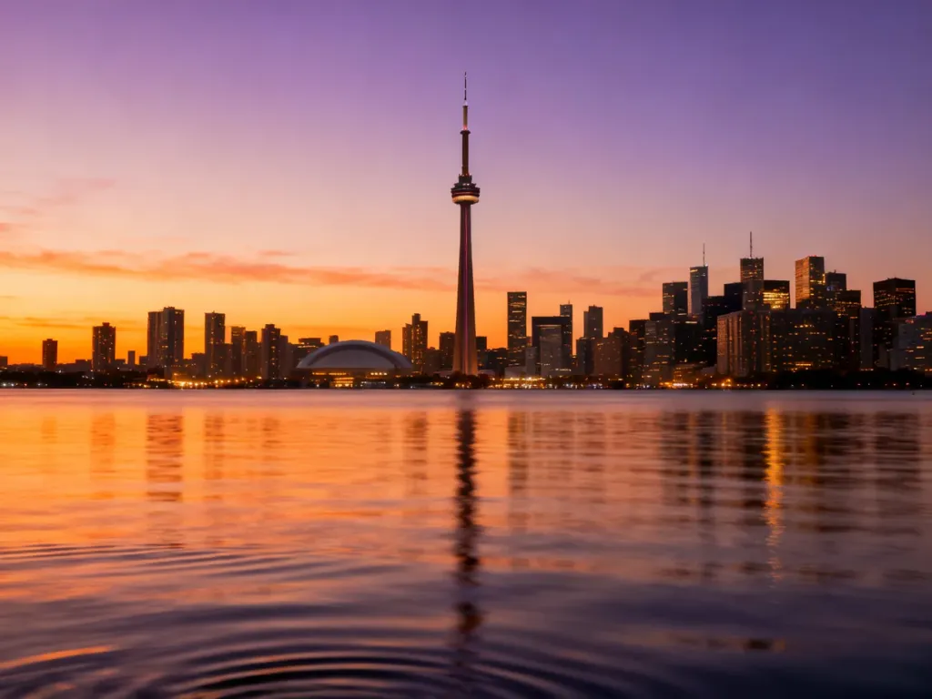 Ikoniczna wieża CN Tower górująca nad panoramą Toronto podczas malowniczego zachodu słońca nad jeziorem Ontario.