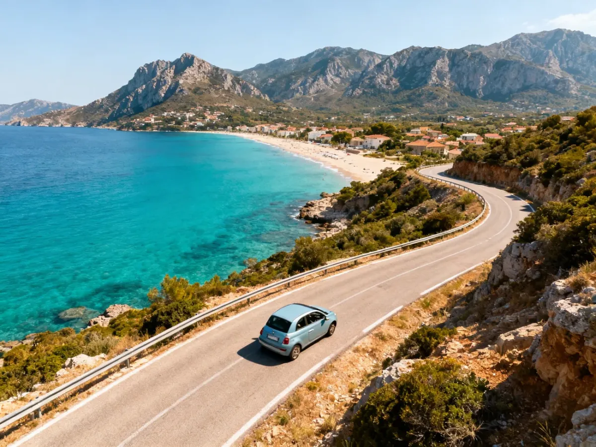 Panoramic view of Crete’s coastline, mountains, and winding road