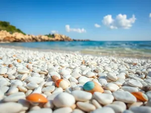 Turkusowe morze i piaszczysta plaża na Chalkidiki z antycznymi ruinami i kwiatami bugenwilli na pierwszym planie.