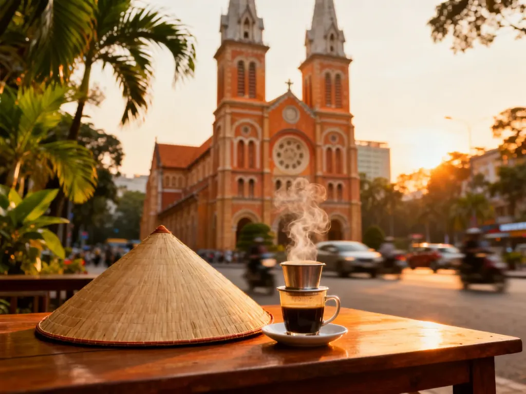 Wietnamska kawa i tradycyjny kapelusz na tle katedry Notre Dame w Ho Chi Minh. Klimatyczna scena z miejskiego życia.