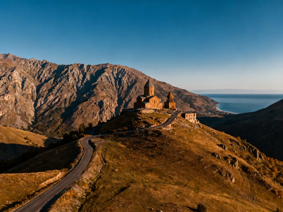 Panoramic view of Georgia’s mountains, historic landmarks, and coastline
