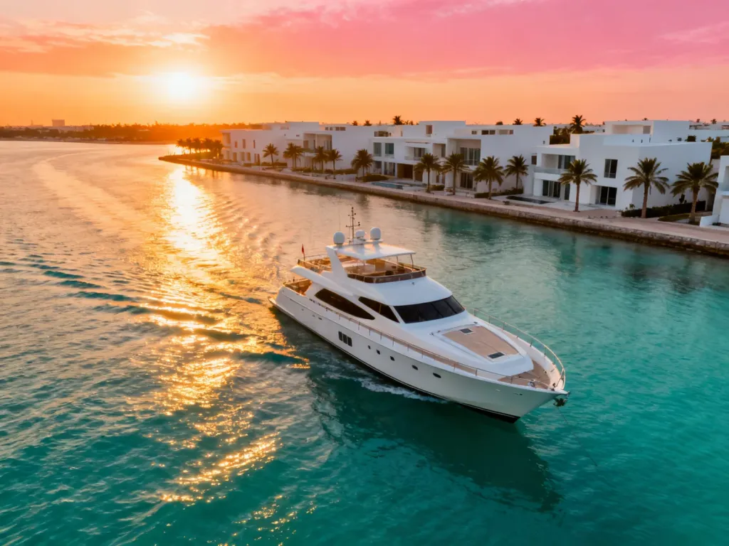 Luksusowe jachty w przystani Limassol Marina o zachodzie słońca z nowoczesną zabudową w tle.