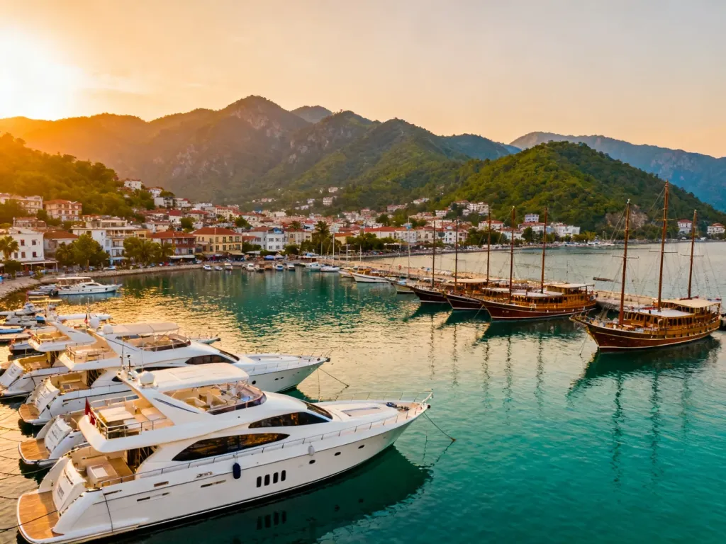 Panoramiczny widok na przystań w Marmaris o zachodzie słońca z zacumowanymi jachtami na tle gór i miasta.
