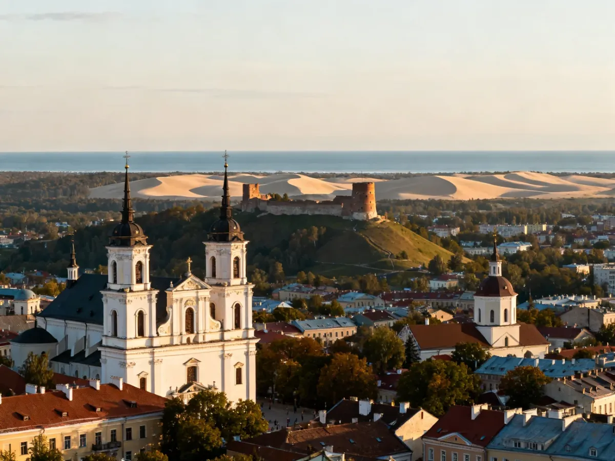 Panoramic widok Litwy z zabytkami Wilna, zamkiem i nadbałtyckim krajobrazem