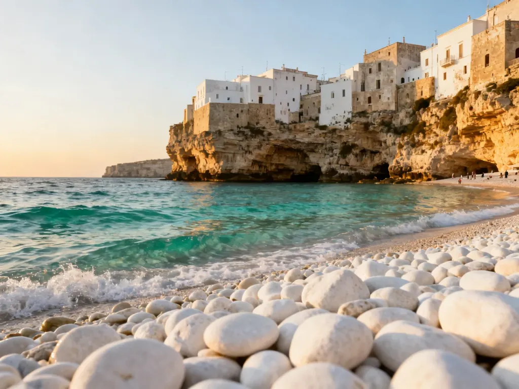 Plaża Lama Monachile w Polignano a Mare z turkusową wodą i białymi domami na klifach w promieniach zachodzącego słońca.