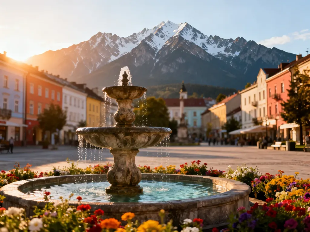 Widok na zabytkowy rynek w Popradzie z fontanną na pierwszym planie oraz panoramą ośnieżonych Tatr w tle.