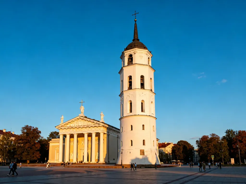 Plac Katedralny w Wilnie z majestatyczną dzwonnicą i klasycystyczną katedrą w promieniach popołudniowego słońca.