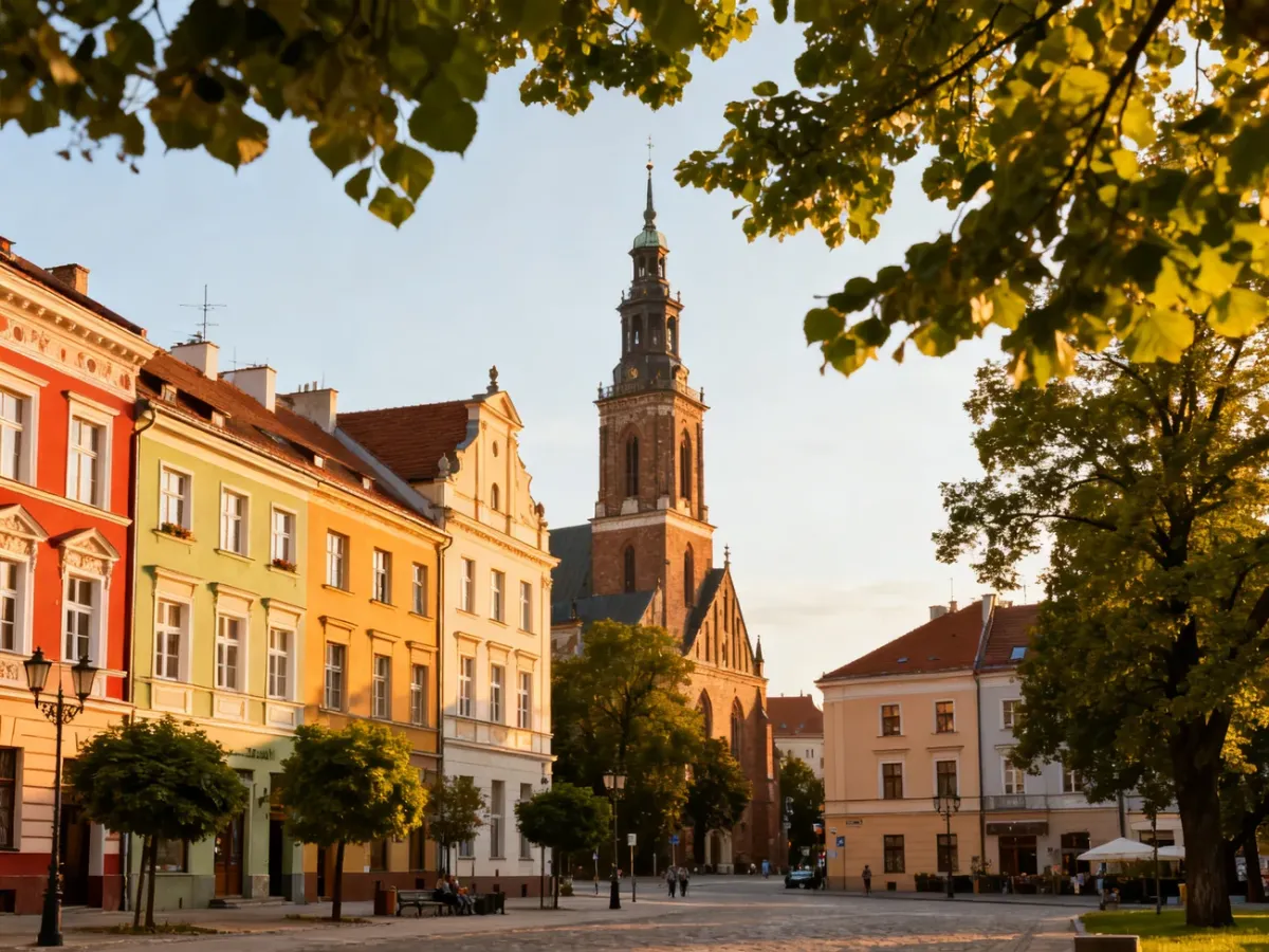 Panorama Gliwic z zabytkową starówką, wieżą kościoła i zielenią