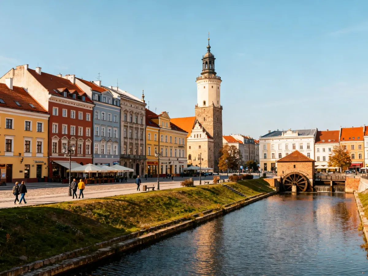 Panoramic view of Opole with its historic center, canal, and Piast Tower