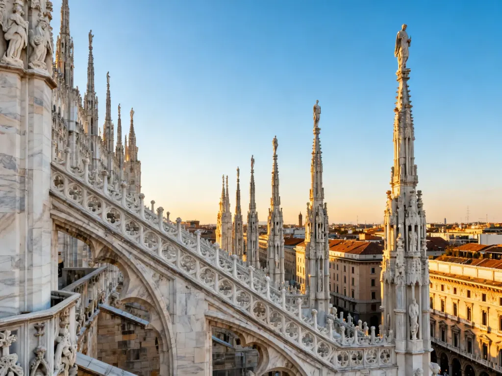 Gotyckie iglice katedry Duomo w Mediolanie na tle błękitnego nieba w świetle zachodzącego słońca.