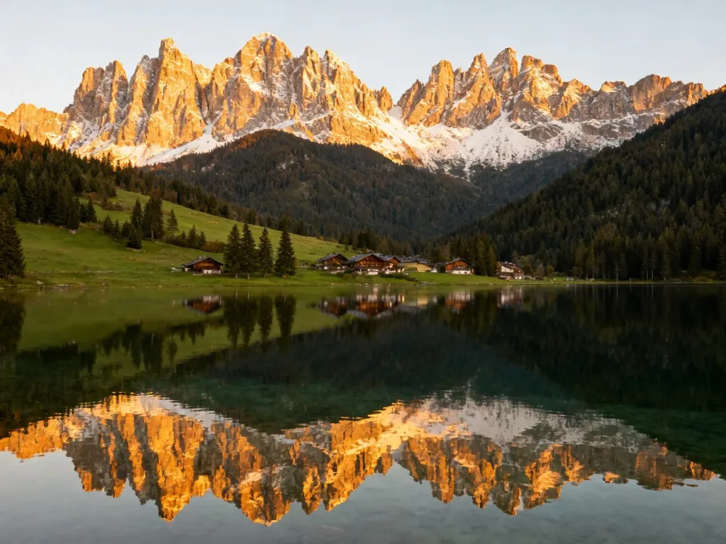 Panoramiczny widok na ośnieżone Alpy austriackie i malowniczą wioskę nad górskim jeziorem o wschodzie słońca.