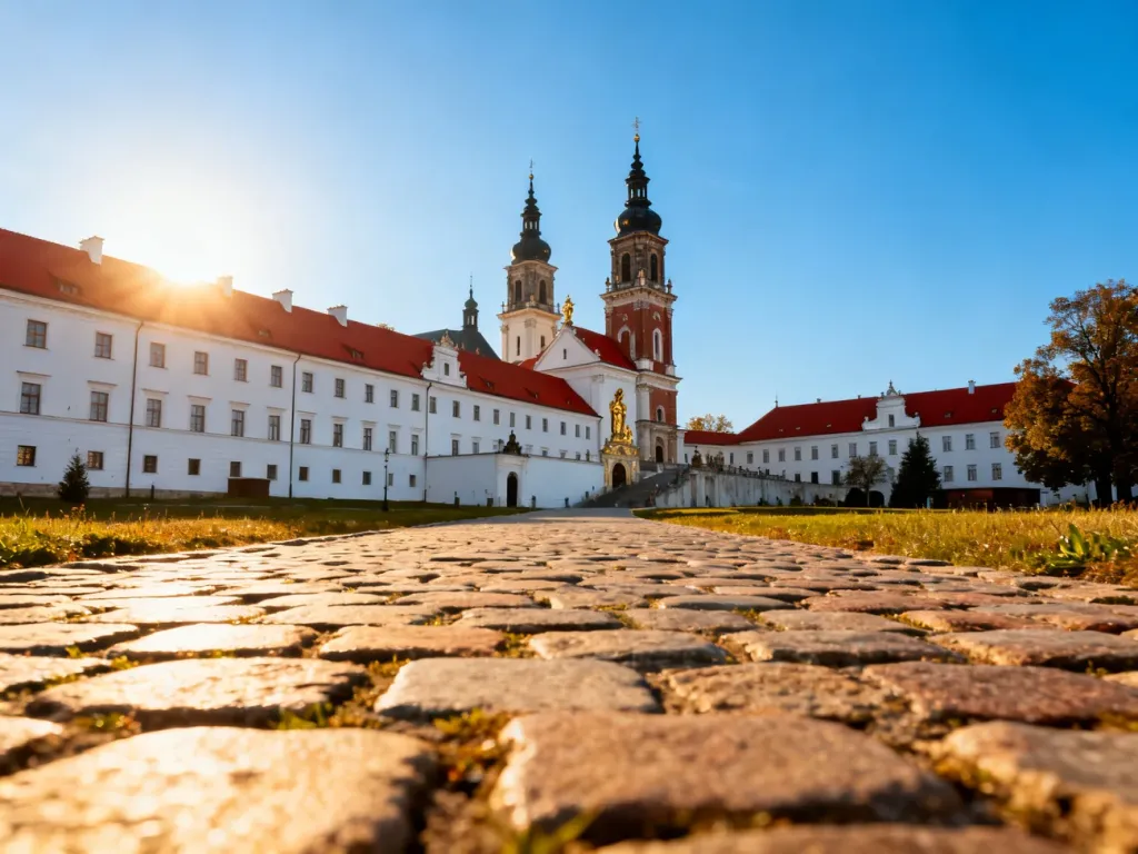 Widok na klasztor na Jasnej Górze w Częstochowie w promieniach zachodzącego słońca.