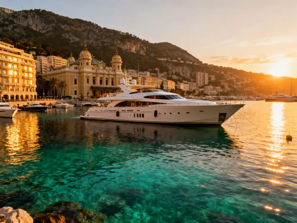 Panoramiczny widok na port w Monako o zachodzie słońca z luksusowym jachtem i zabudową Monte Carlo w tle.