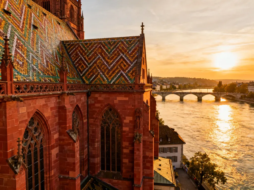 Widok na katedrę w Bazylei oraz rzekę Ren w blasku zachodzącego słońca. W tle widoczny most Mittlere Brücke.
