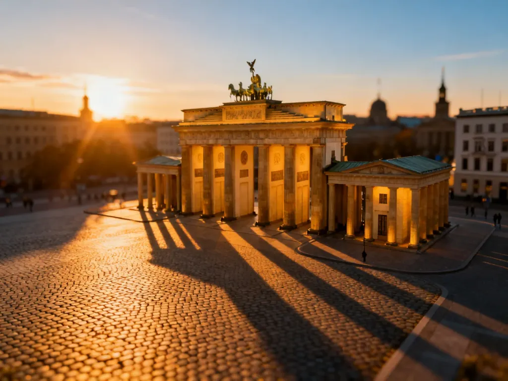 Brama Brandenburska w Berlinie o zachodzie słońca, oświetlona ciepłym światłem w otoczeniu historycznej architektury.