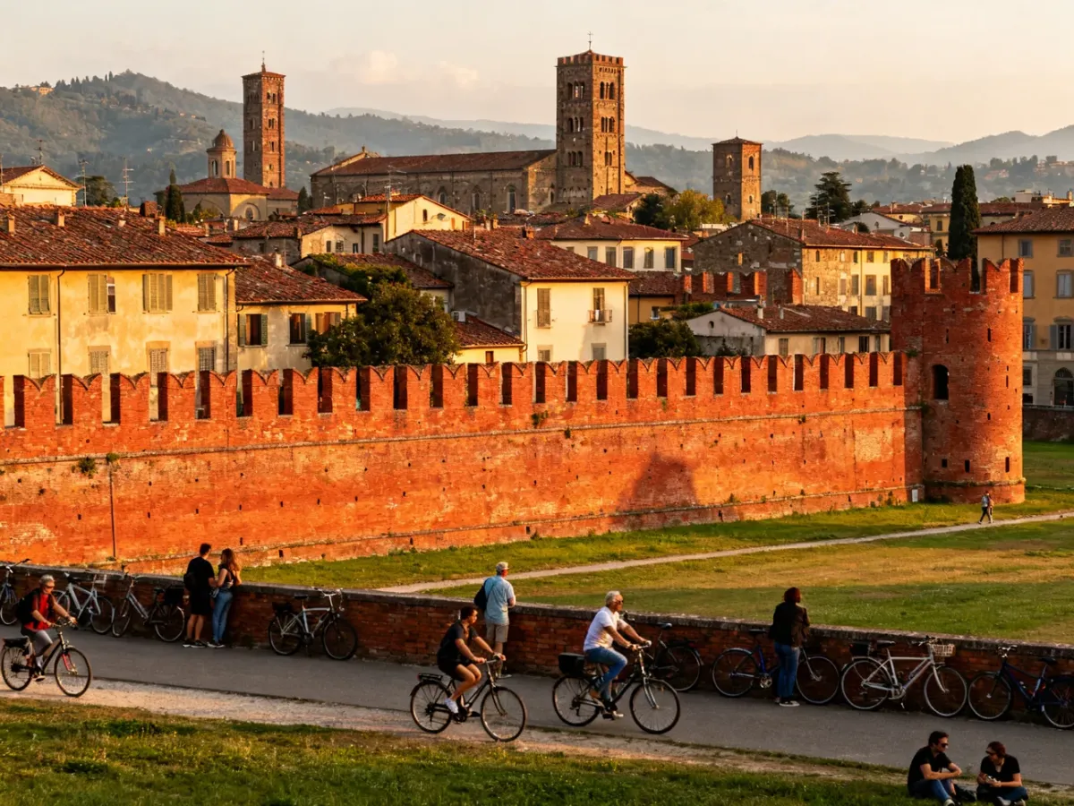 Panoramic view of Lucca with its historic walls, rooftops and church towers