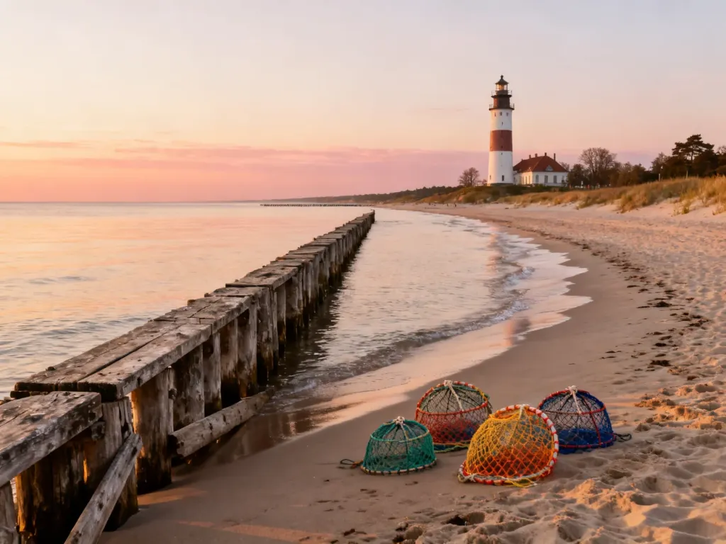 Piaszczysta plaża w Ustce o zachodzie słońca z widokiem na molo, sieci rybackie i zabytkową latarnię morską.