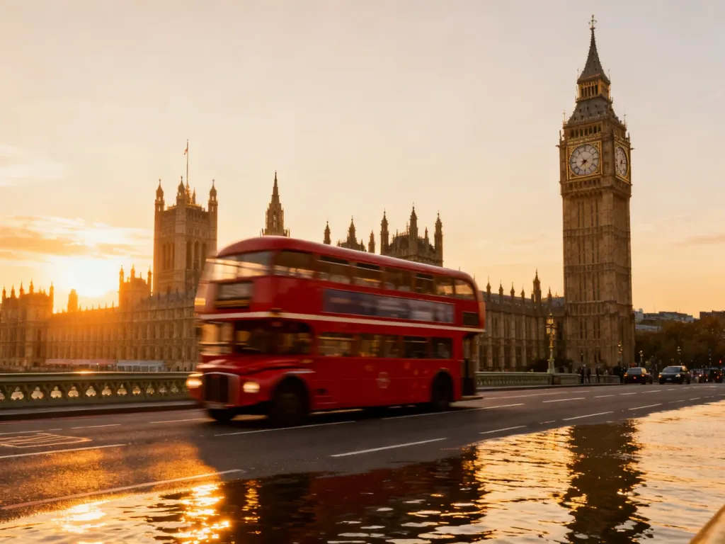 Big Ben i budynek Parlamentu o zachodzie słońca z czerwonym autobusem piętrowym przejeżdżającym przez most Westminster.