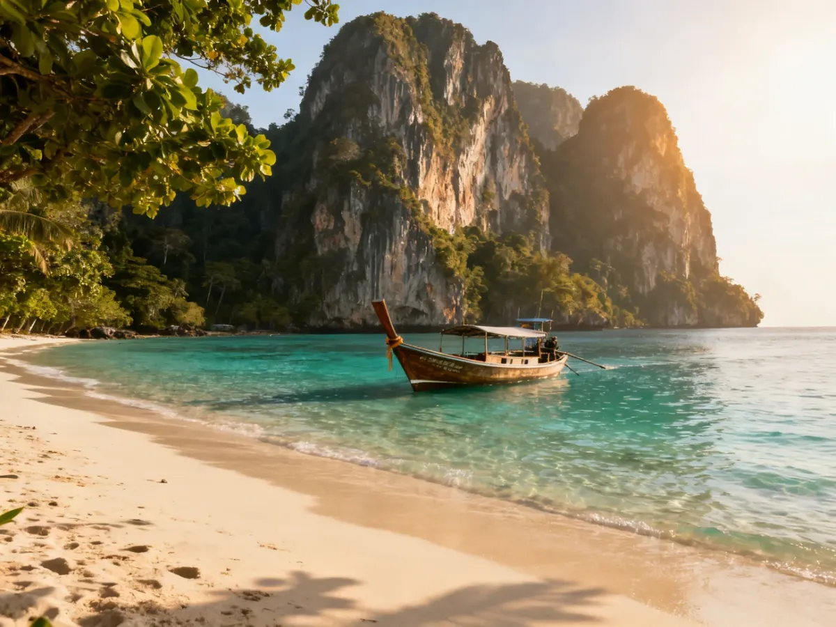 Panorama Krabi z wapiennymi klifami oglądana z łodzi