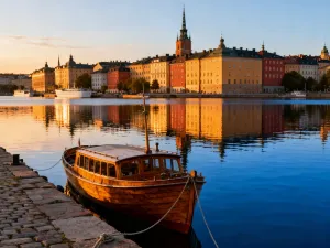 Poranny widok na rynek w Nowym Targu z zabytkową fontanną i kolorowymi kamienicami w promieniach słońca.