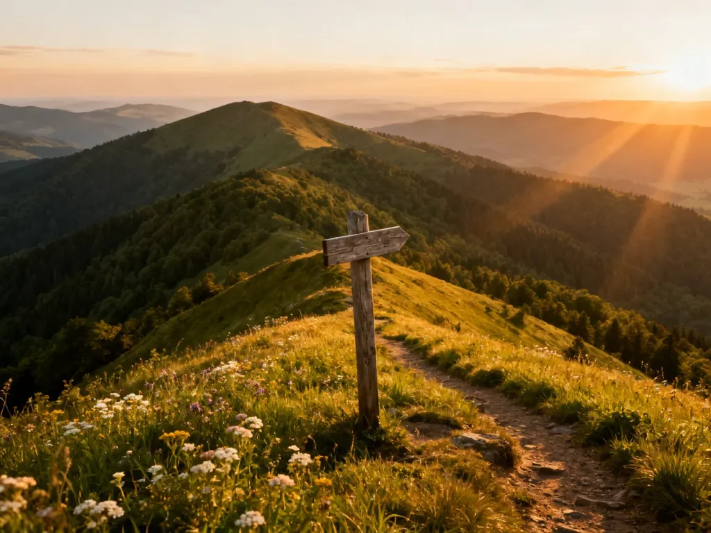 Panoramiczny widok na bieszczadzkie połoniny o zachodzie słońca z drewnianym drogowskazem na pierwszym planie.