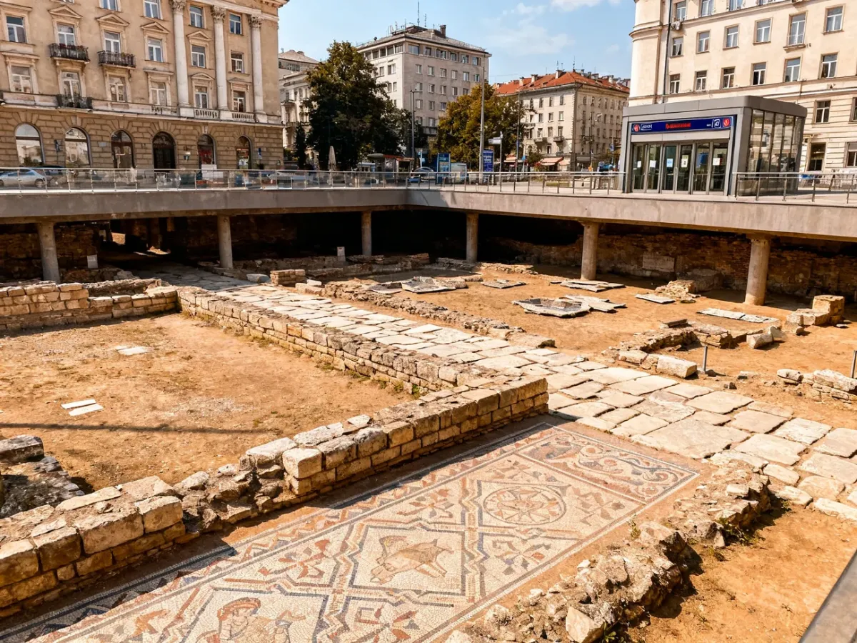 Ruiny rzymskiej Serdiki między współczesnymi ulicami Sofii