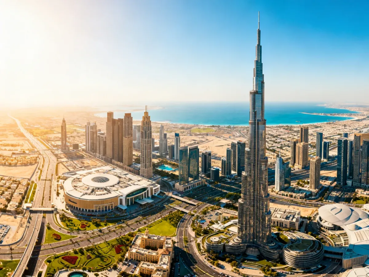 Panorama nowoczesnego centrum Dubaju z wieżowcem Burj Khalifa
