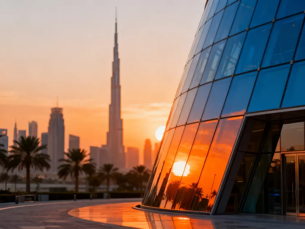 Nowoczesna panorama Dubaju podczas zachodu słońca z widocznym wieżowcem Burj Khalifa i szklaną architekturą na pierwszym planie.