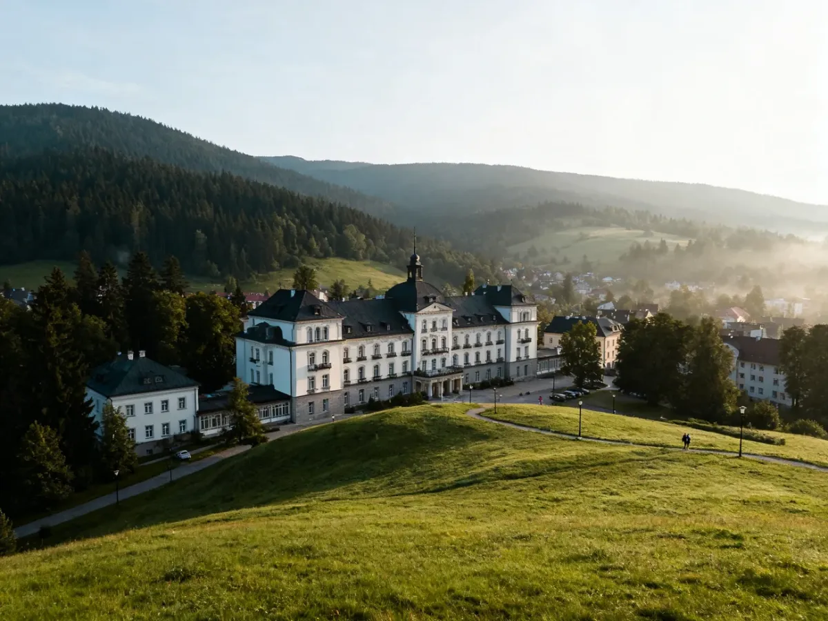 Panorama Świeradowa-Zdroju z Domem Zdrojowym i Górami Izerskimi w tle