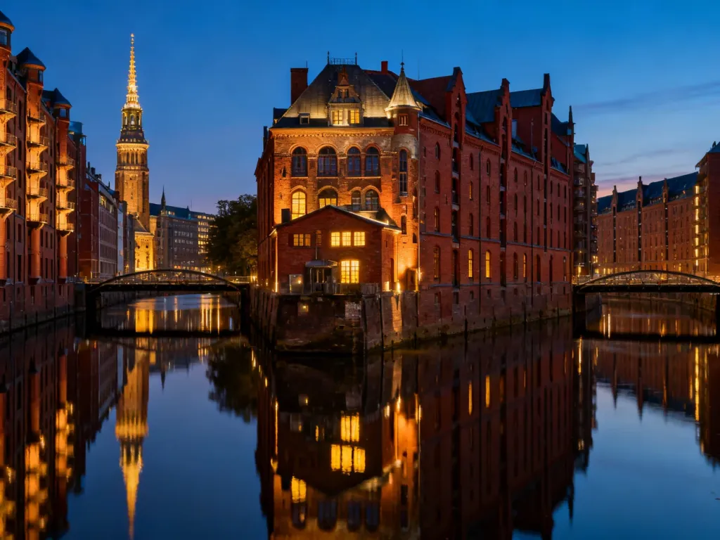 Zabytkowa dzielnica spichlerzy Speicherstadt w Hamburgu o zachodzie słońca z odbiciem budynków w kanale.