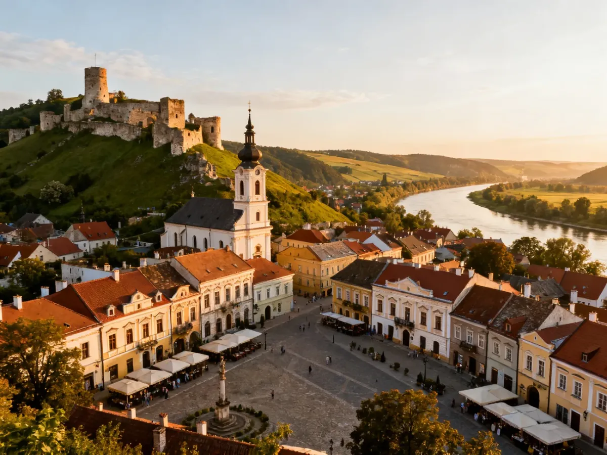 Panorama Kazimierza Dolnego z Rynkiem, zabytkami i doliną Wisły