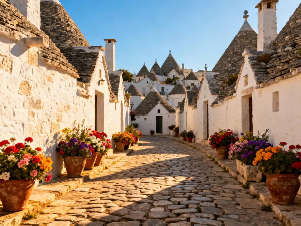 Tradycyjne białe domy trulli z kamiennymi dachami w Alberobello, otoczone kwiatami na brukowanej uliczce w świetle zachodzącego słońca.