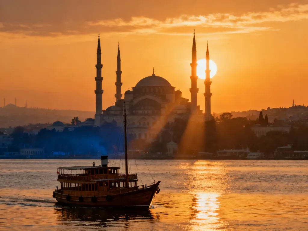 Hagia Sophia o zachodzie słońca z widokiem na cieśninę Bosfor i tradycyjne łodzie w Stambule.