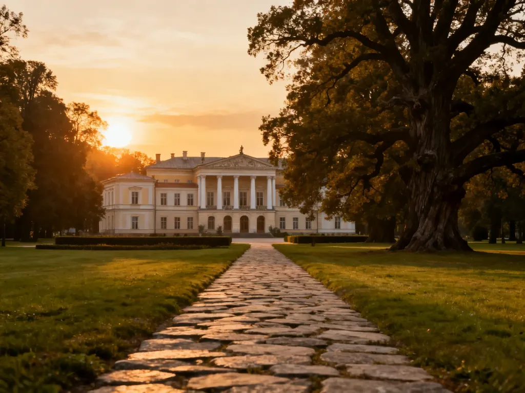 Zabytkowy pałac w Puławach otoczony malowniczym parkiem w promieniach zachodzącego słońca.